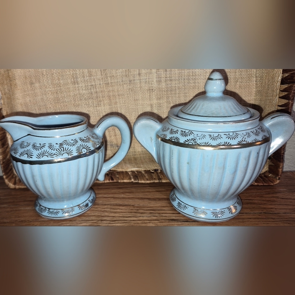Vintage Powder Blue Cream and Sugar set with Gold Accents, Made In Japan